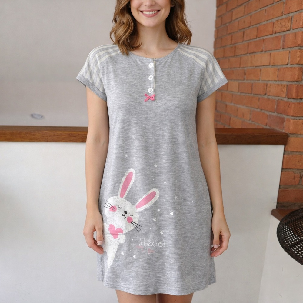 Gray Short Sleeve Nightgown with Pink Accents L